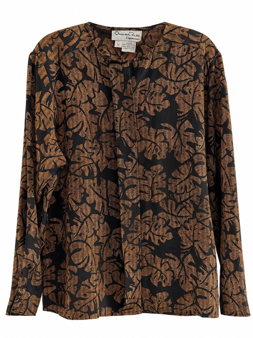 Vintage Oscar de la Renta Expressions Brown Black Abstract Blouse 14 Polyester